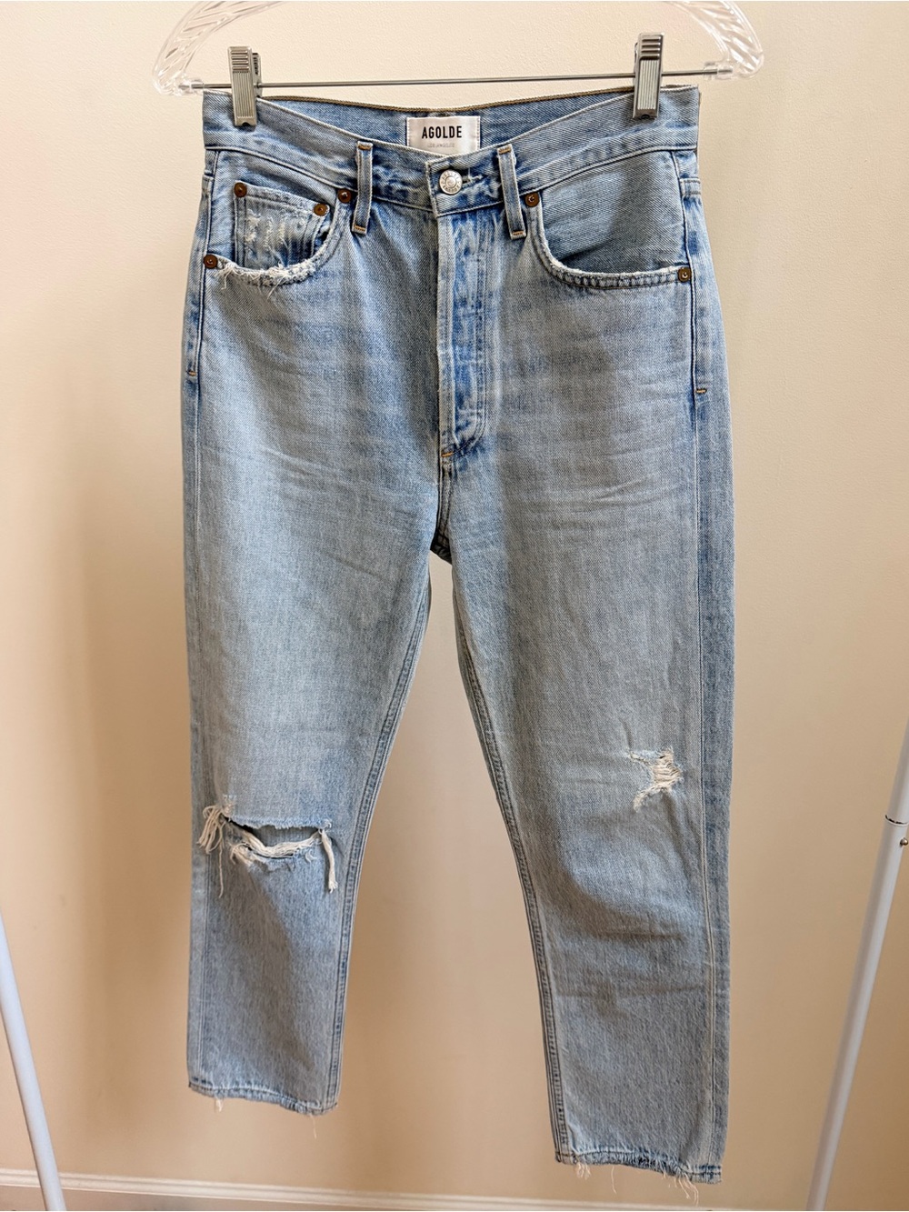 Agolde Riley High Rise Straight Crop Jeans light wash distressed Sz 25